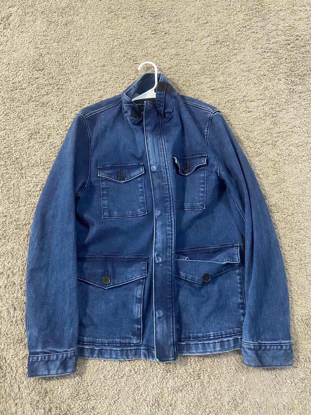 French Connection Jacket Mens Medium Blue Denim Track Stretch Full Zip Military